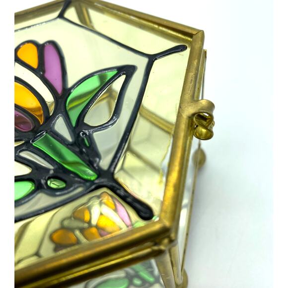 Hexagon Brass‎ and glass-stained glass lid trinket box mirrored vintage Taiwan - Picture 7 of 8